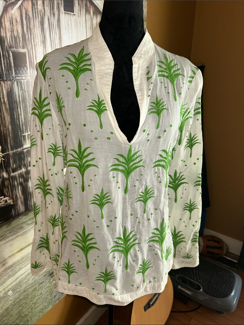 Tory Burch White Tunic with Green Botanical Motif